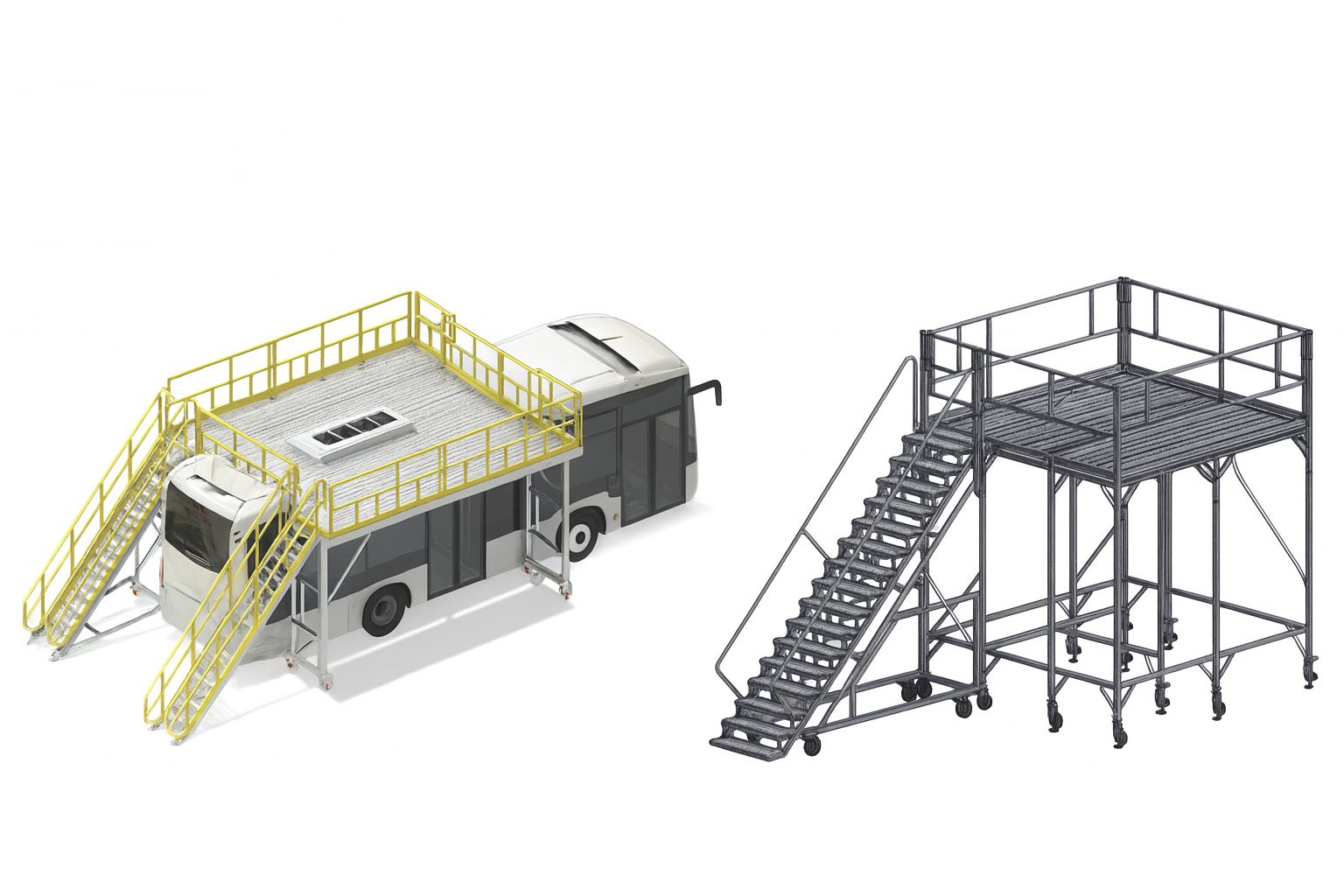 Two industrial platforms with stairs and railings, designed for workplace safety.