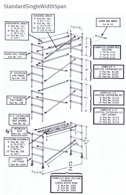 Detailed diagram of a scaffold assembly with labeled parts and measurements.