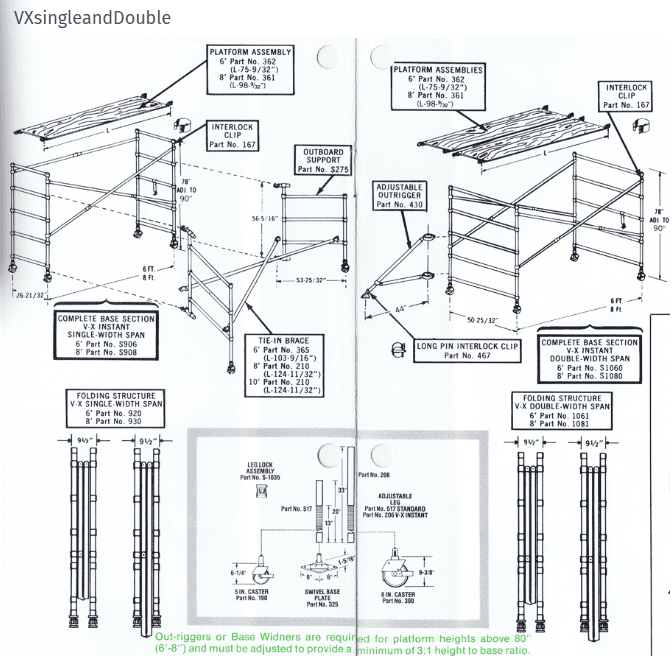 Assembly instructions for a folding scaffold with detailed parts and steps.