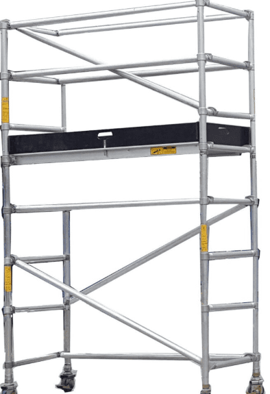 Metal scaffold tower with guardrails and safety features.